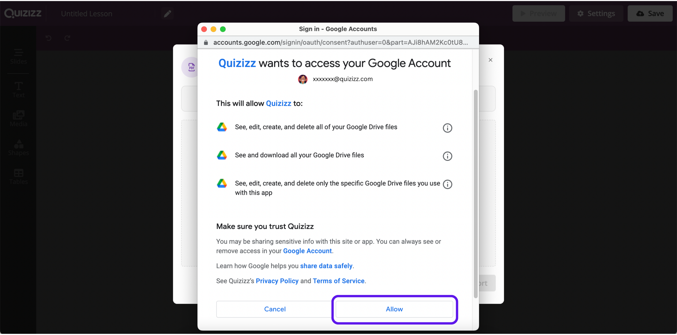 Allow Quizizz to sync with Google Drive.png