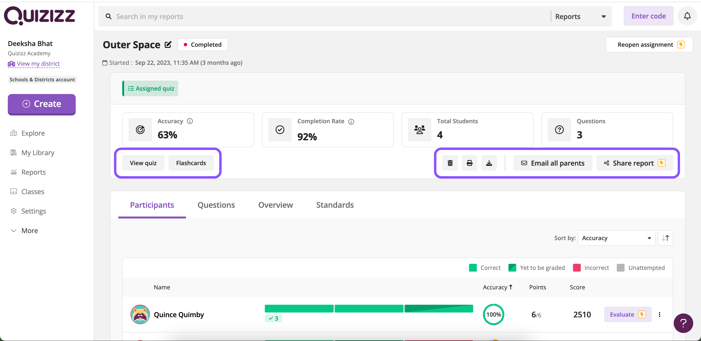 Reports on quizizz help center